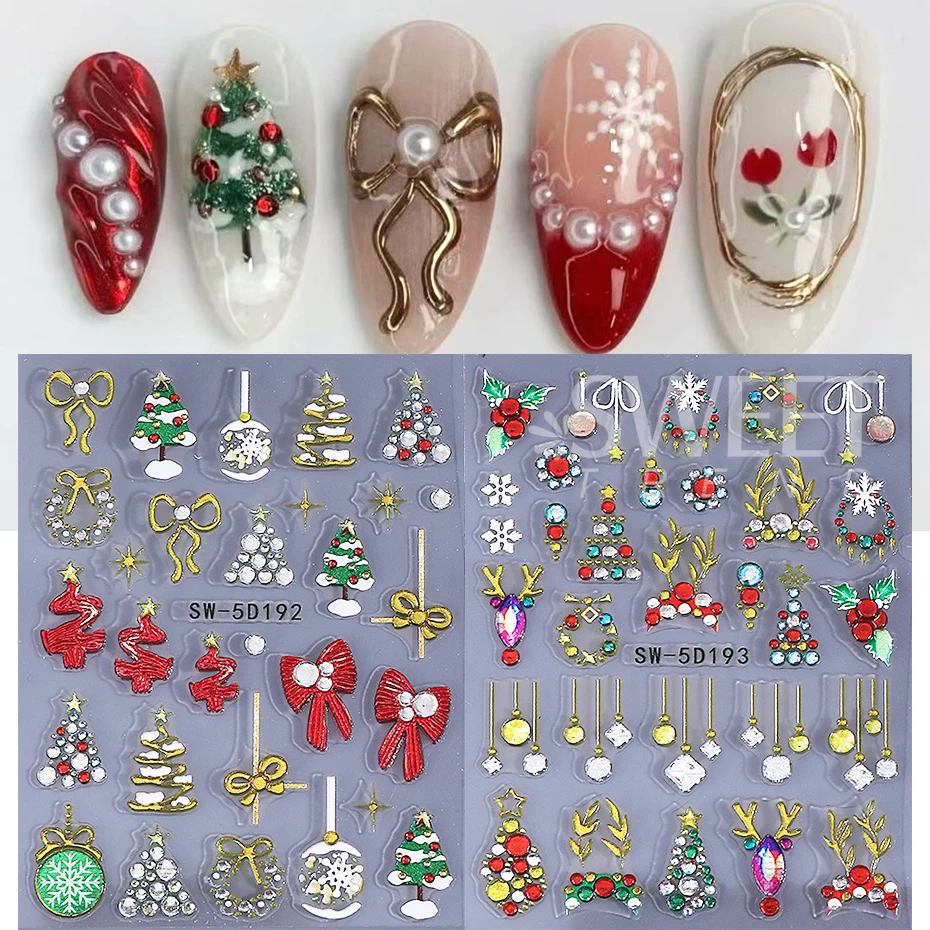 2 قطعة عيد الميلاد 5D تنقش مسمار ملصقات الشتاء القوس مصباح الكرة شجرة عيد الميلاد قرن الوعل مسمار الشارات المتزلجون السنة الجديدة مانيكير الديكور