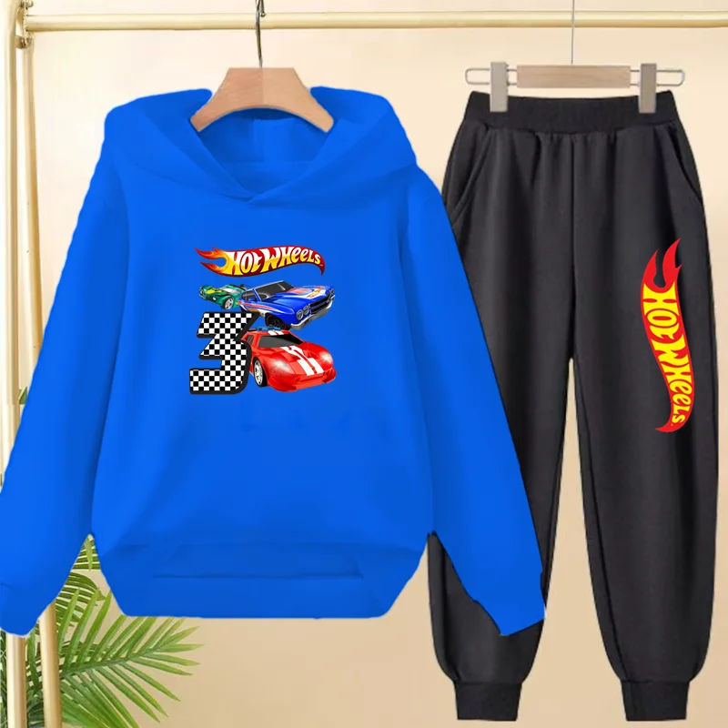 

Student Uniforms for Boys and Girls Aged 3 to 13, Hooded Sweatshirt + Long Pants Set, Cartoon Car Personalized Pattern Loose Set