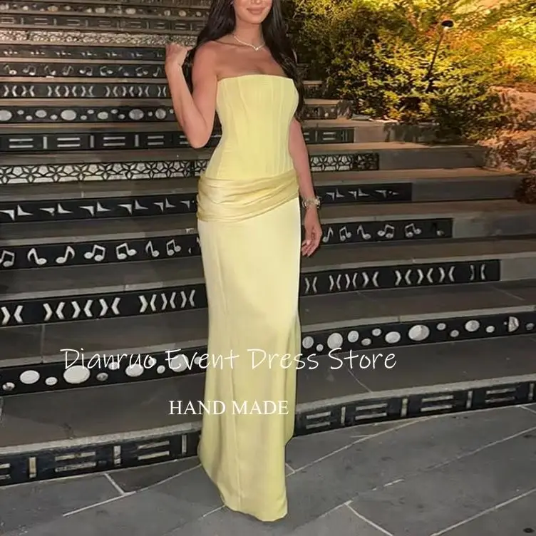 

Dianruo Yellow Strapless Evening Dresses Sleeveless Satin Robe De Soirée Femme Long High Quality Ruched Prom Gowns Customized