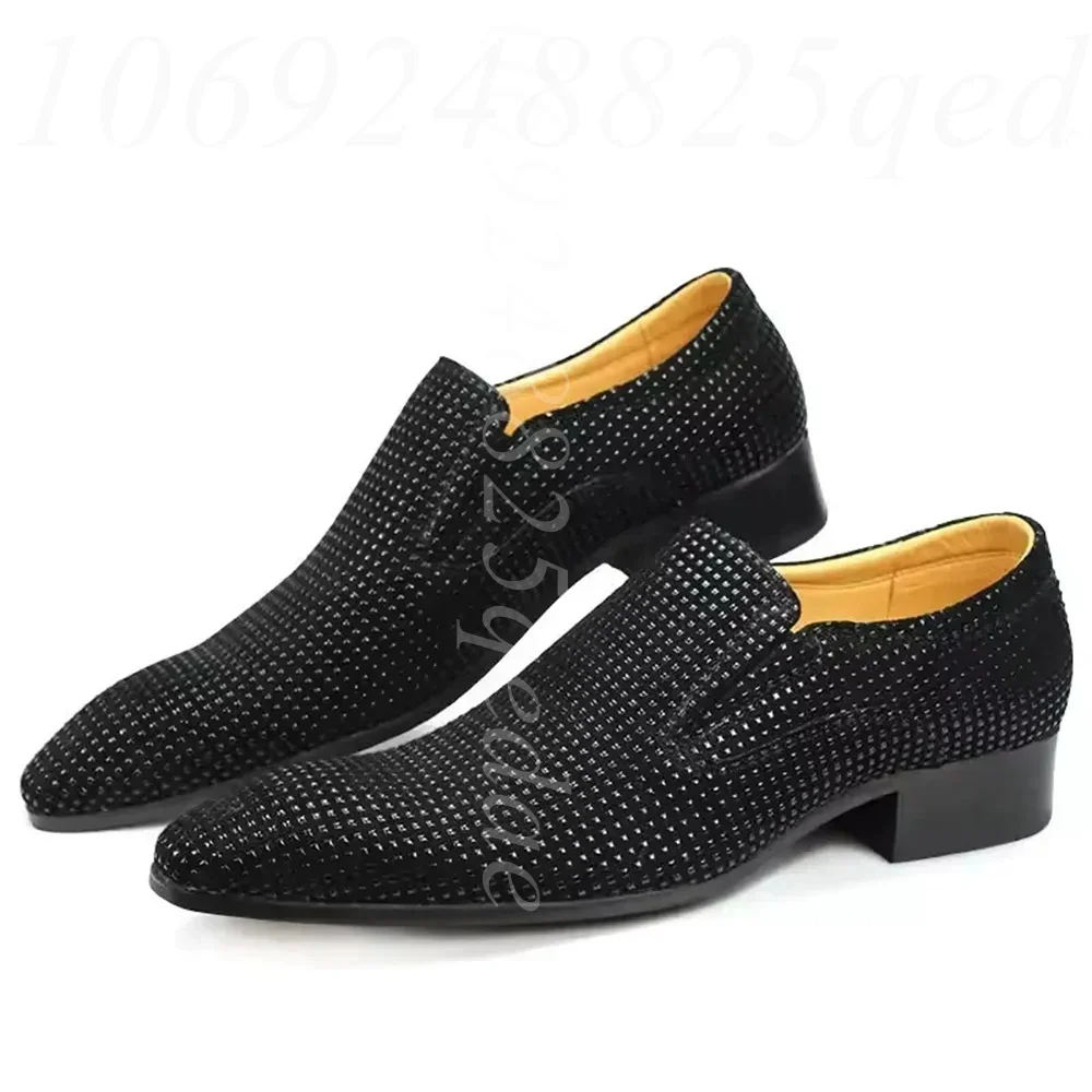 Men's Black Sparkle Dot Slip-On Loafers Low Block Heel Glitter Textured Dress Shoe Pointed Toe Low Block Heel Pumps Daily Wear
