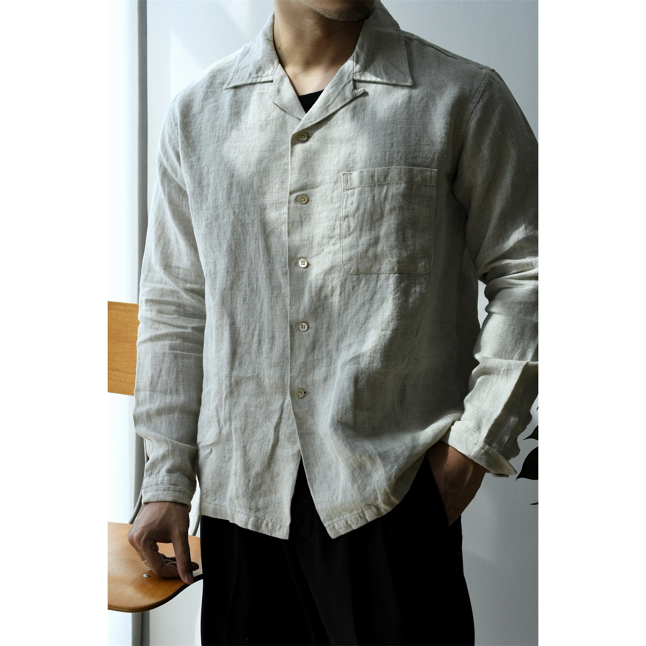 Men\'s Linen Shirt Camp Collar Long Sleeves Regular Fit Aloha Beach Casual Fashion Vintage Male Clothing