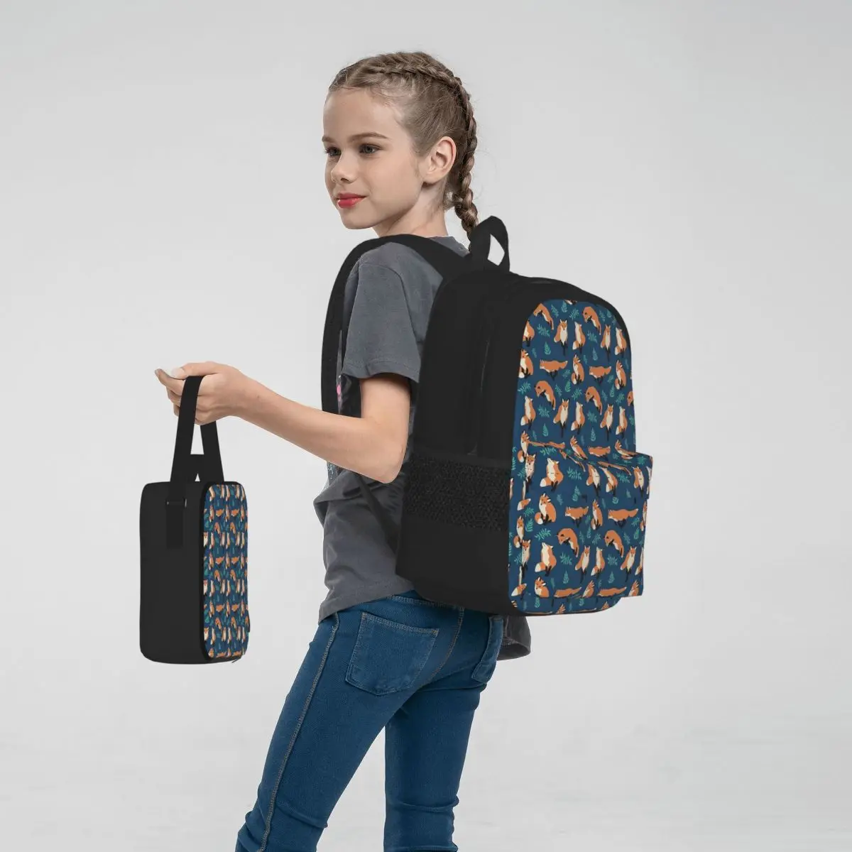 Mochilas de estilo zorro para niños y niñas, mochilas escolares de dibujos animados, bolsa de almuerzo, bolsa para bolígrafos, juego de tres piezas