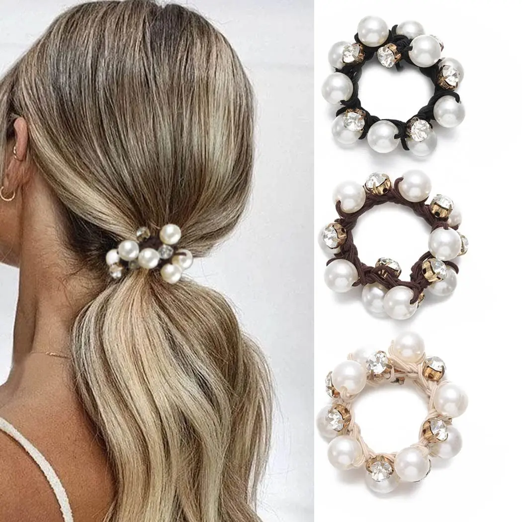 

Simple Faux Pearl Hair Rope Crystal Beaded Hair Tie Cute Ponytail Holder Rhinestone Hair Bands Hair Accessories for Women