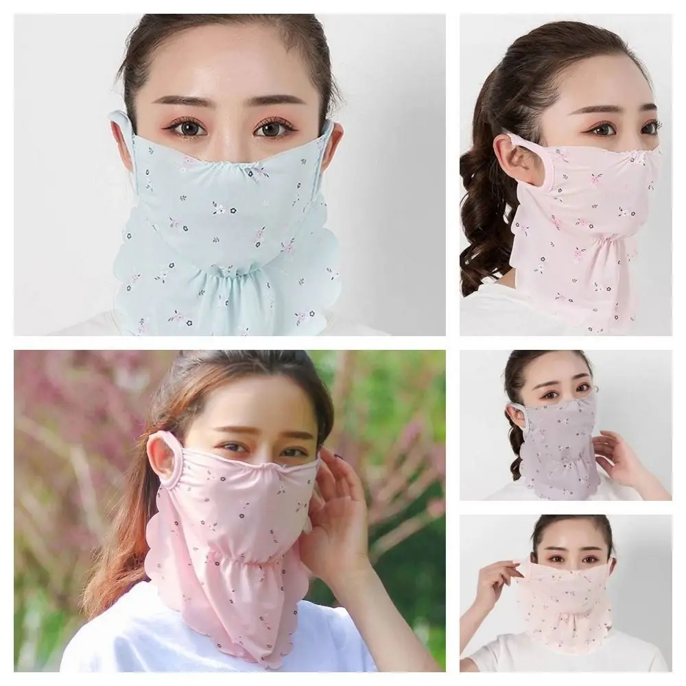 High Quality Ice Silk Mask Nylon Sunscreen Mask Breathable Sun Protection Sunscreen Veil Flower Pattern Face Cover