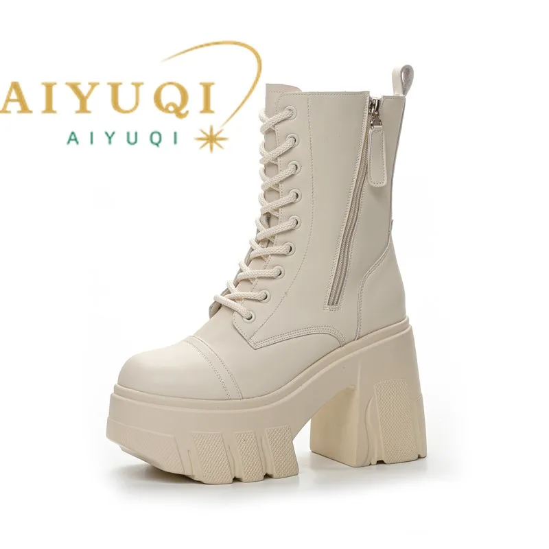 Women Platform Boots Heel Combat Lace Up Genuine Leather Women Ankle Boots Fashion Chunky High Heels Ladies Walking Shoes