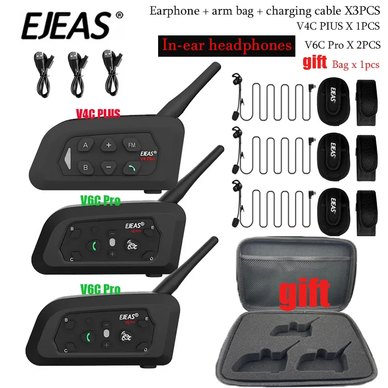 Football 3 Referee Intercom Headset 1200M EJEAS V4C PLUS +V6C PROx2 Soccer Full Duplex Bluetooth Conference Interphone +Handbag