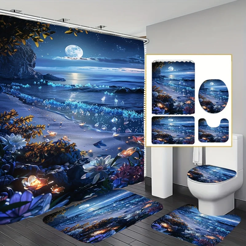 1/4pcs Moonlight Beach Print Shower Curtain Set, Decorative Bathroom Set Including Waterproof Shower Curtain, Non-slip Floor Mat