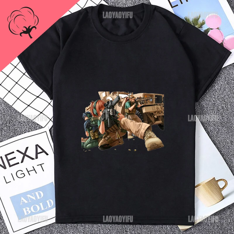 New Arrival japonia Anime mundur wojskowy dziewczyny z nadrukiem bawełniana koszulka luźna koszulka Otaku Streetwear Harajuku Man Tees