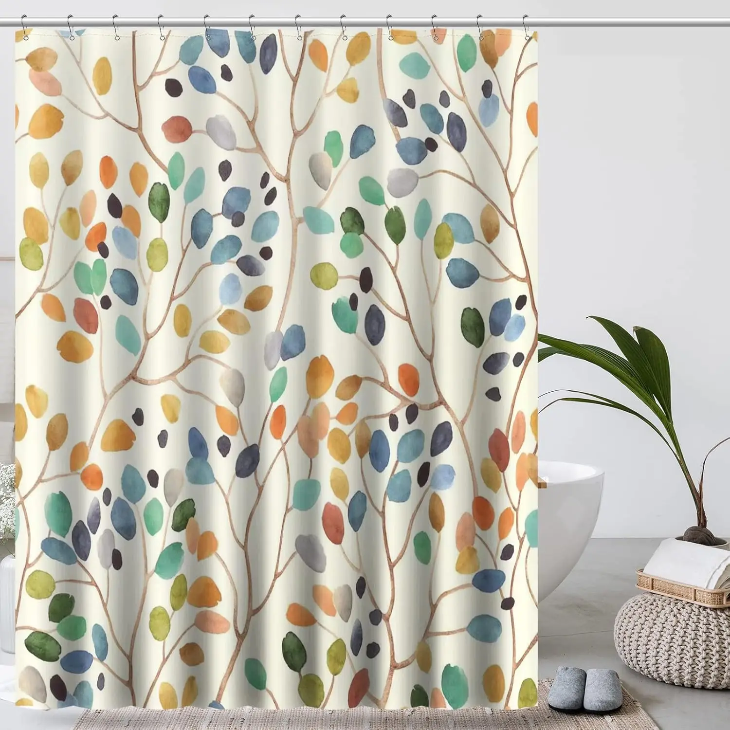 

Colorful Leaves Shower Curtain Set with Hooks for Bathroom Decoration, Floral Design