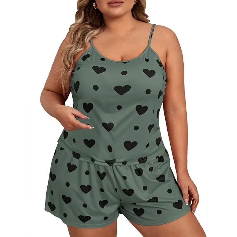 2024 Women\'s 2 PCS New Oversized Pajamas Pajama Pants Set Green Love Print Camisole Shorts Smooth Soft Comfortable Daily Pajamas