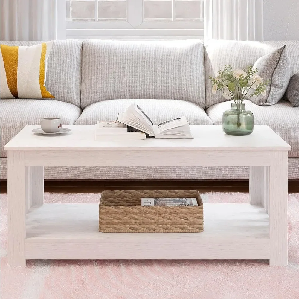 Coffee table, White wooden 2-story rectangular coffee table, 80 Pounds living room coffee table