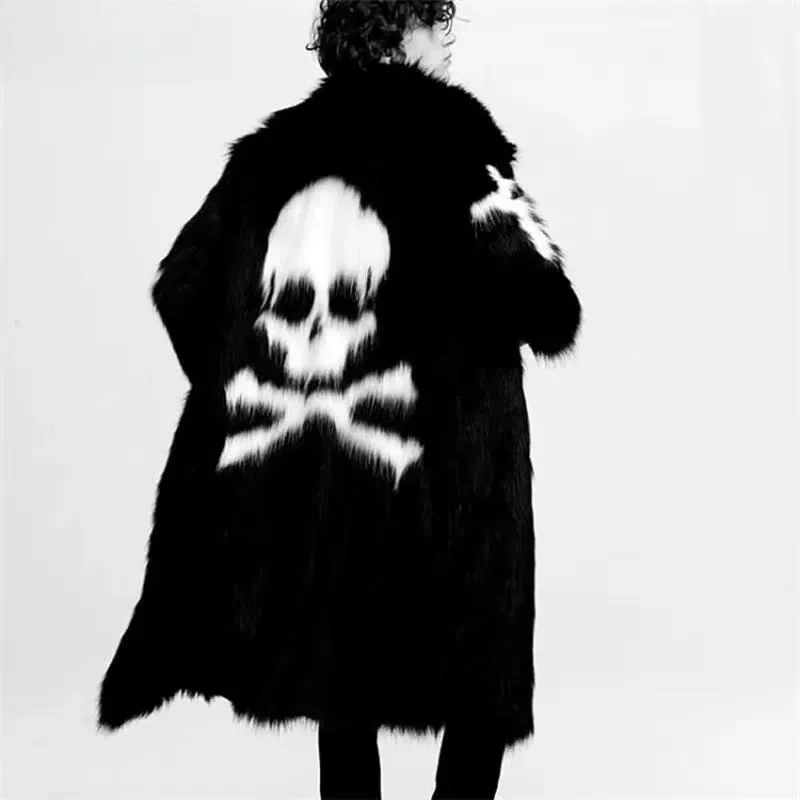Men Faux Fur Coat Skull Pattern Long Knee Length Heavy Industry Style Warm Windbreaker Autumn Winter Outdoor Casual Jacket