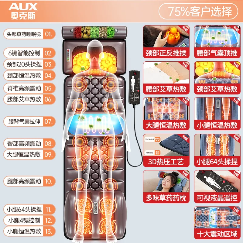 AirBag Massage Cushion Electric Kneading Reclining Chair Home Mattress Massager Cervical Spine Back Waist Whole Body Relief 110V