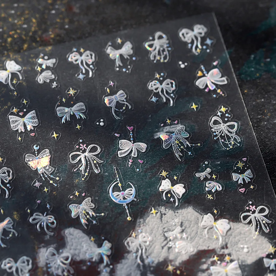 Weiße Spitze Schleife Krawatte Knoten Mini Band Schleife 5D Nail Art Aufkleber Mond Stern Liebe Herz Niedlich DIY Nagel Selbstklebender Maniküre Aufkleber