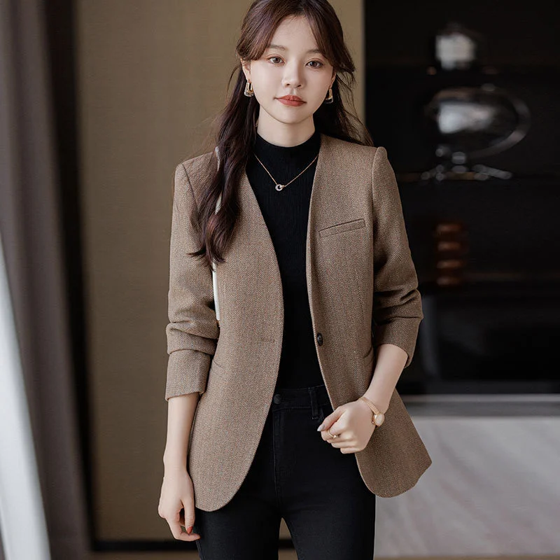 

Grey Casual Collarless Blazers Women Spring Autumn Jackets 2024 Single Button Long Sleeved Vintage Blazer Office Lady Outerwear