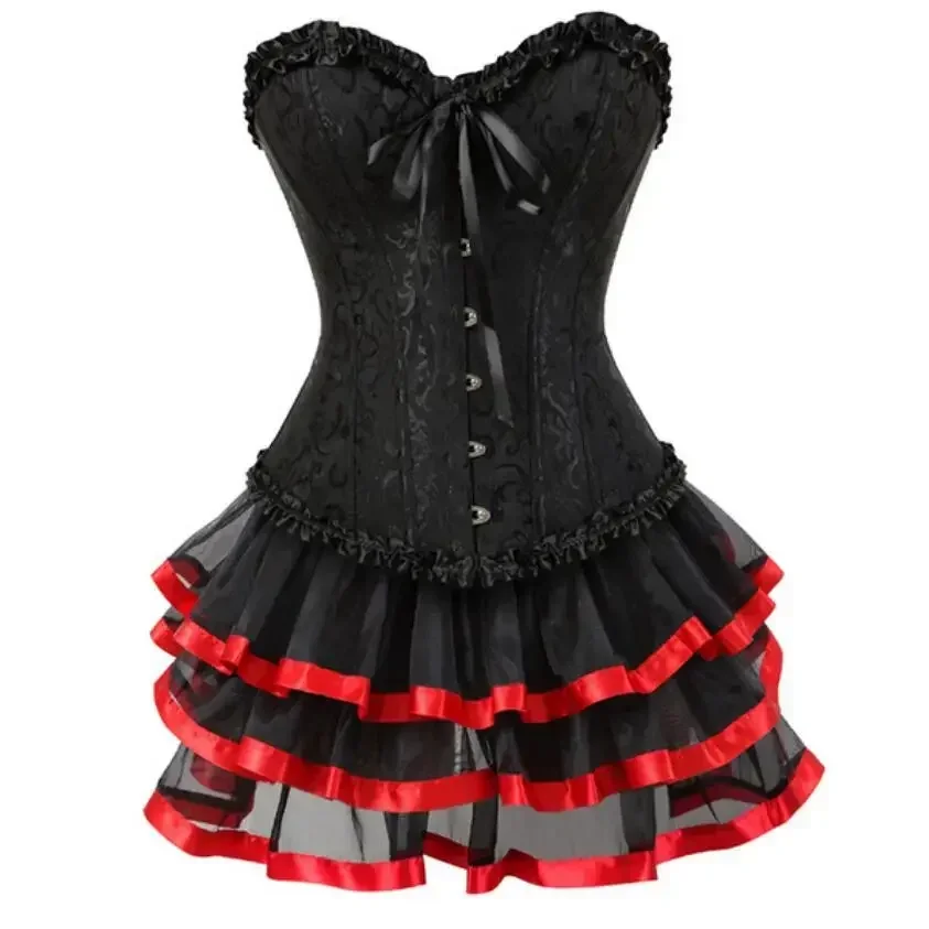 Corset Dress Bustier Skirts Top Set Plus Size Women Gothic Victorian Lolita Costume Corsets Overbust Vintage Lingerie Lace Sexy