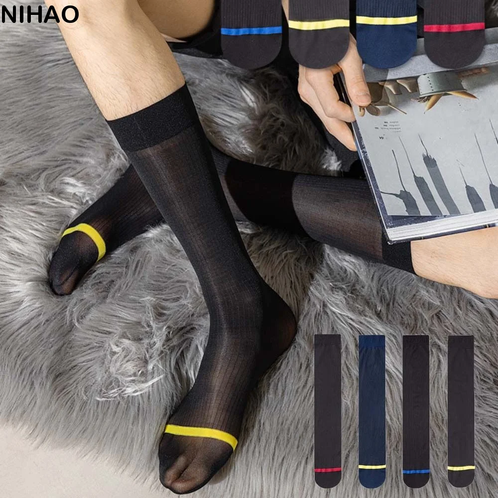 

Elastic Translucent Men Ultra Thin Dress Tube Socks Stripe Thin Business Dress Stockings Sheer Mid-calf Middle Tube Male