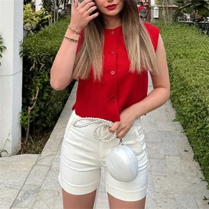 Traf -Sleeveless Damen -Kumpelweste, kurze Gelegenheitsjacken, Knopfweste, Schwarz -Weiß -Rot, Sommermode 10 Hauptverkaufsweste weiß weiß - №7