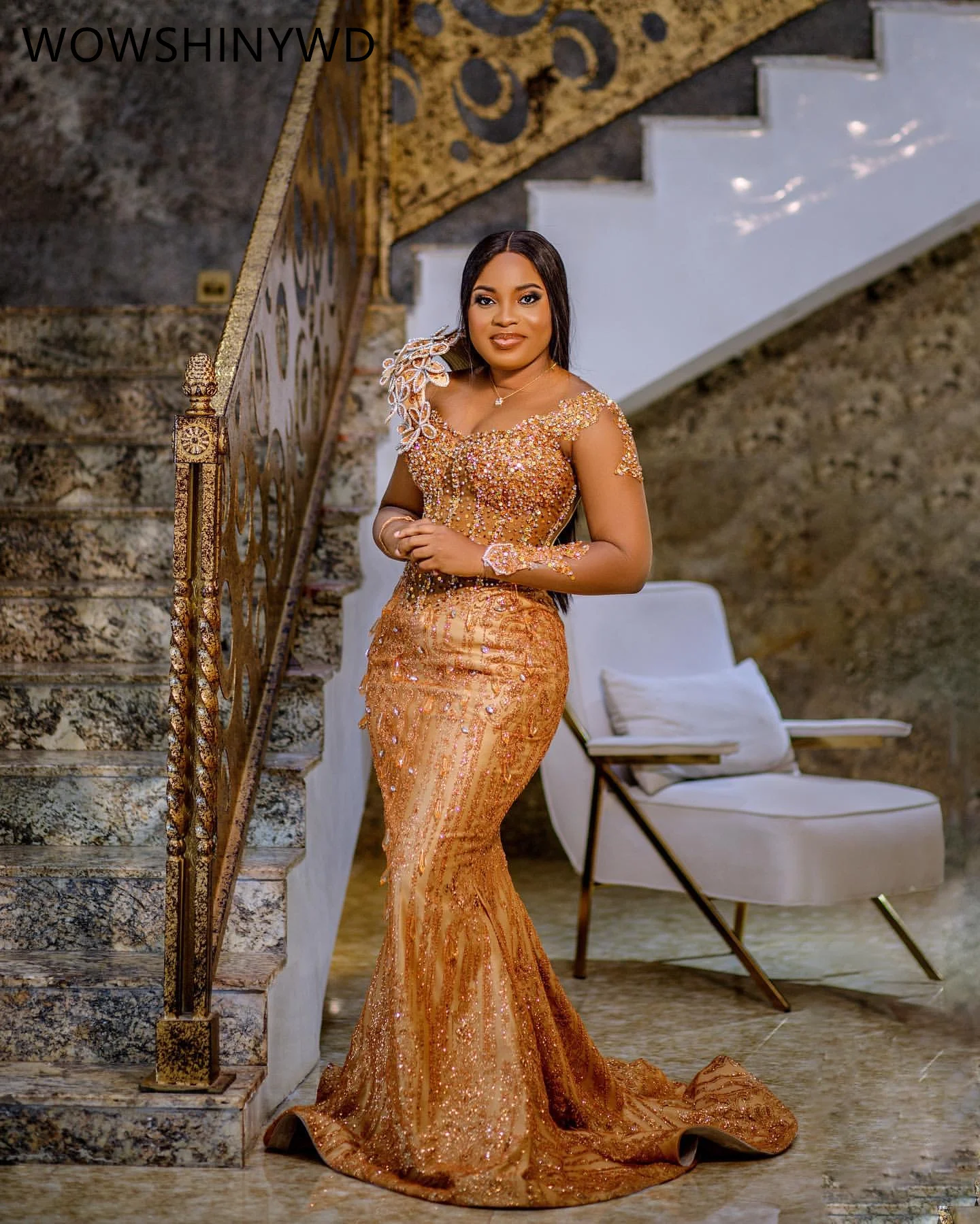 2024 Aso Ebi Mermaid Gold Prom Dresses Beaded Crystals Evening Formal Party Second Engagement Birthday Gowns Dresses ZJ84