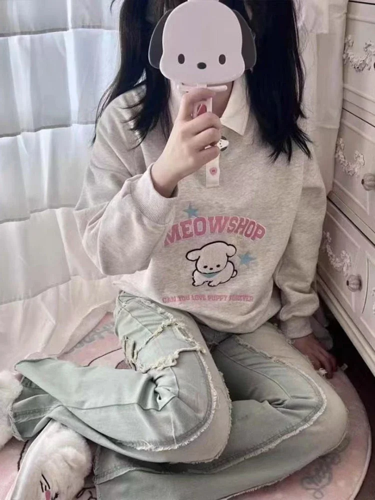 Deeptown Harajuku Kawaii Dog Embroidery Hoodies Women Vintage Kpop Oversized Sweatshirts Japanese Sweet Cartoon Y2K Tops Korean