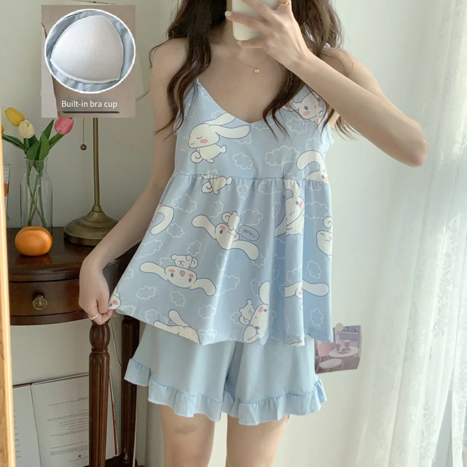 

Sanrio Cinnamoroll Pajamas Y2K Kawaii Cartoon Summer Sleepwear Sleeveless Shorts Pyjamas Suspenders Night Clothes Home Suit New