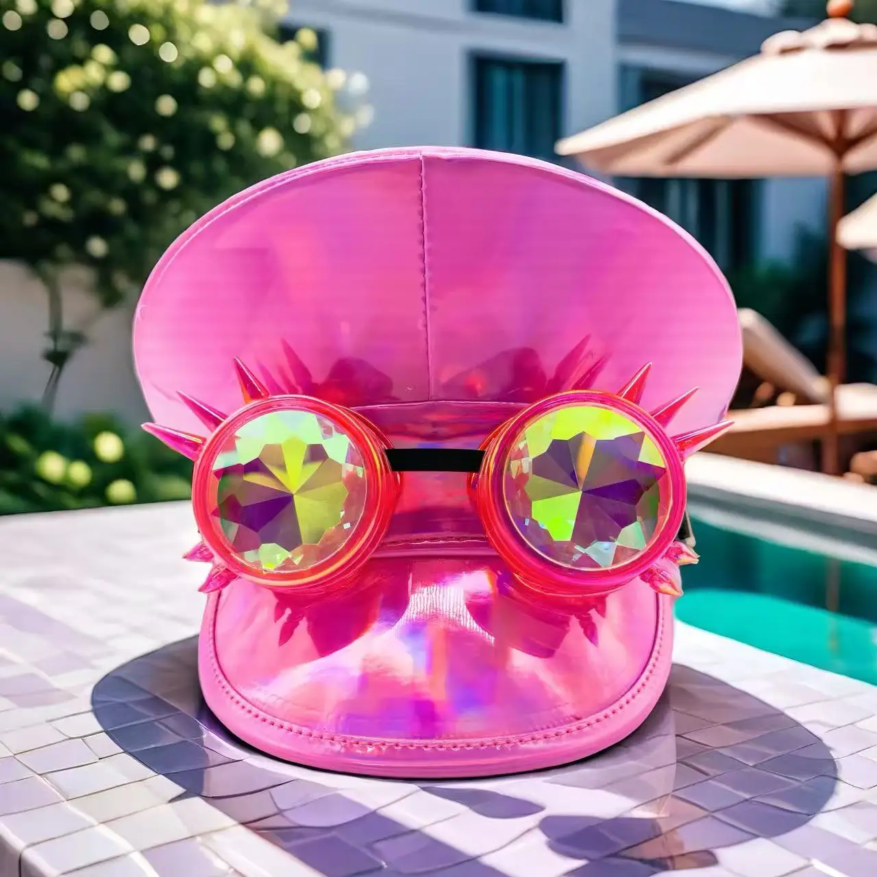 HongLuan Laser lederen kapiteinshoed Strass en militaire petten voor dames, Rave Festivals Accessoires & Feestpet Man Cosplay Fem