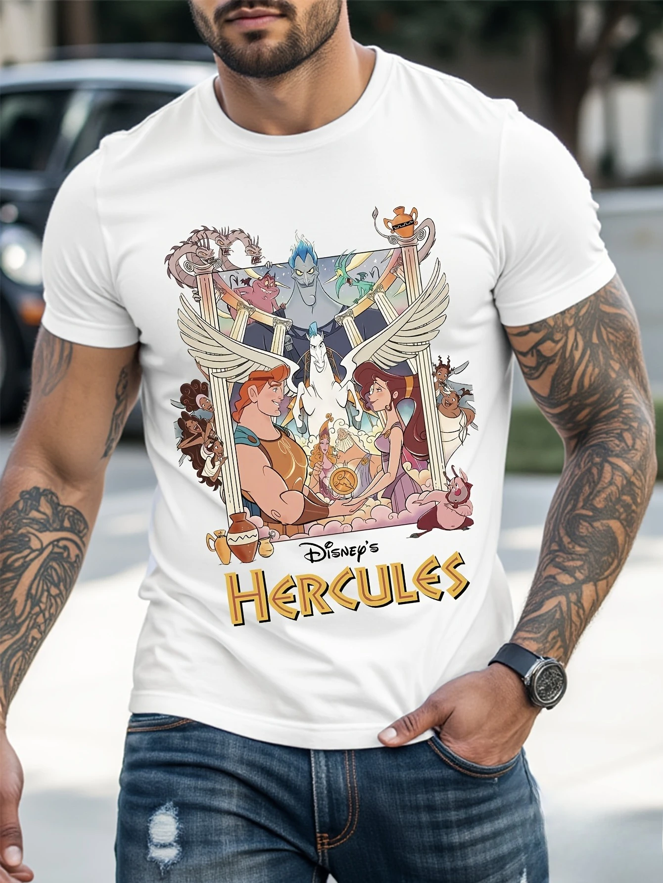 تي شيرت ديزني "Hercules" للرجال بتصميم حنين كلاسيكي بأكمام قصيرة مناسب لمحبي ديزني وعشاق الرسوم المتحركة الكلاسيكية