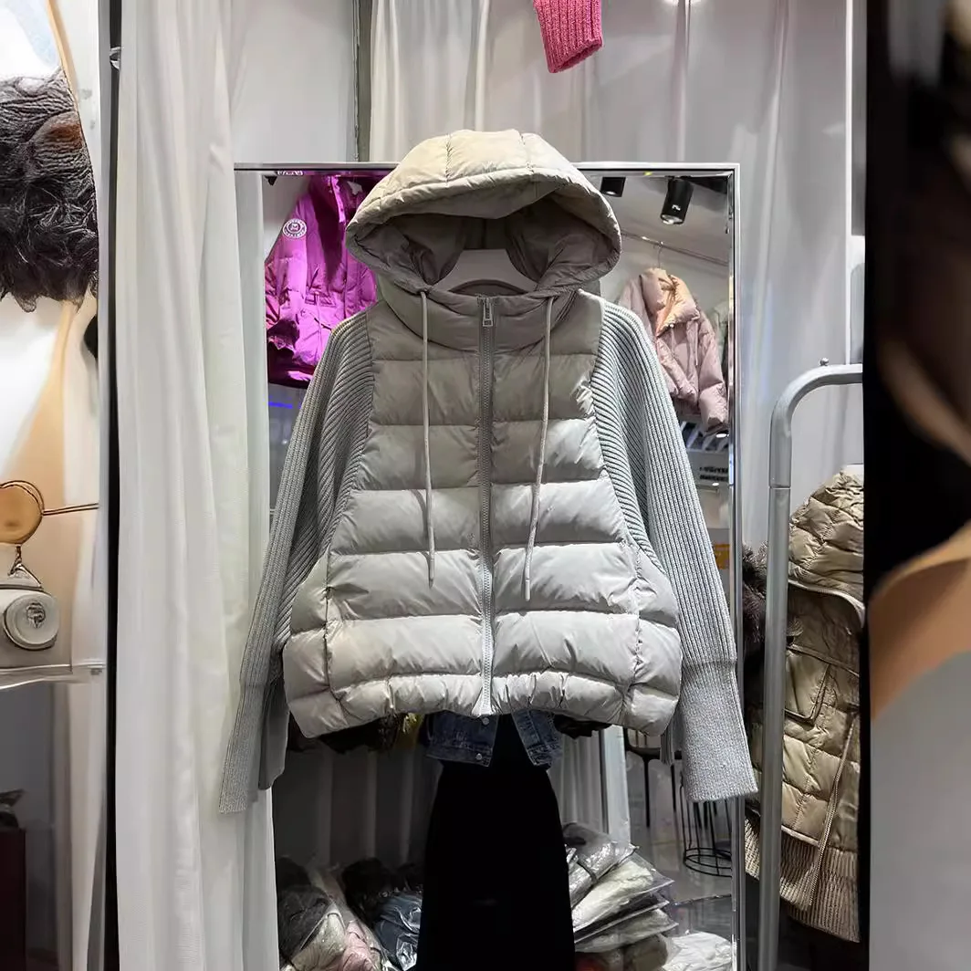 Otoño/Invierno chaqueta de plumón europea nueva para mujer chaqueta de empalme de punto con capucha para ir al trabajo