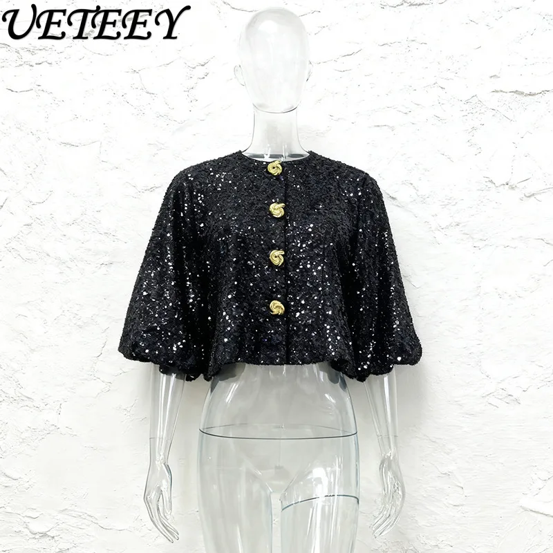 2025 Herfst Nieuwe Mode Veelzijdige Losse Half Mouw Top voor Vrouwen Franse Stijl Elegante Socialite Single-Breasted Korte Shirt