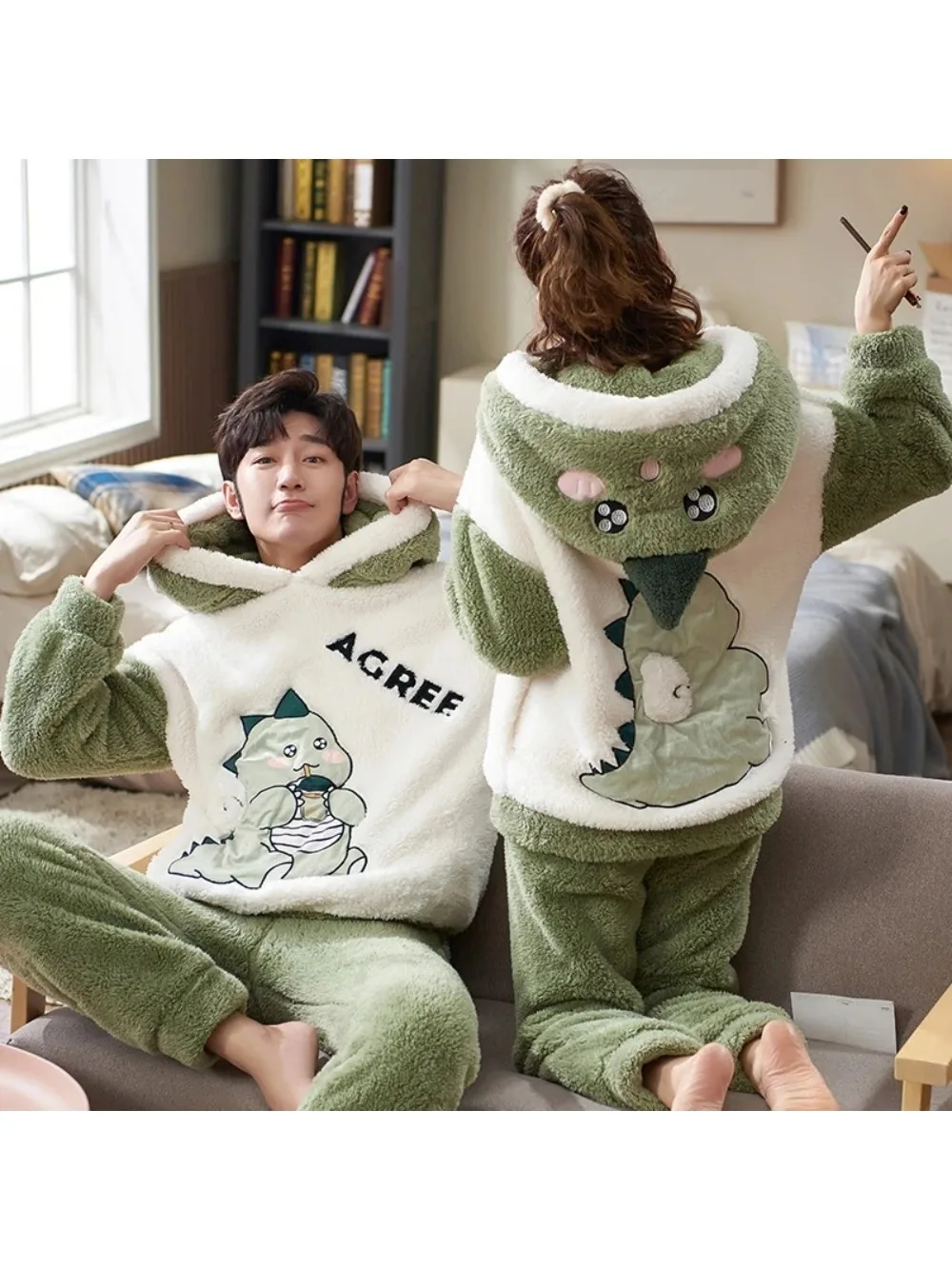 Couples Pyjamas femmes hommes hiver épaissir Pyjamas vêtements de nuit dessin animé dinosaure coréen amoureux Homewear doux chaud sweats à capuche Pijama