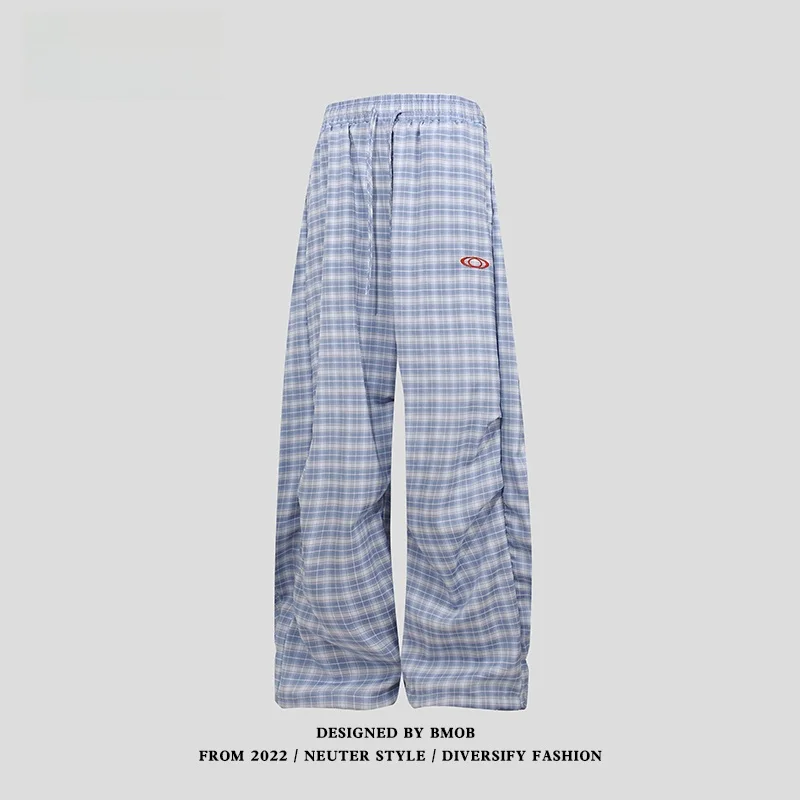 

American Retro Plaid Casual Pants Loose Floor-Length Lazy Sle ex Spring Summer Straight Leg Long Trousers