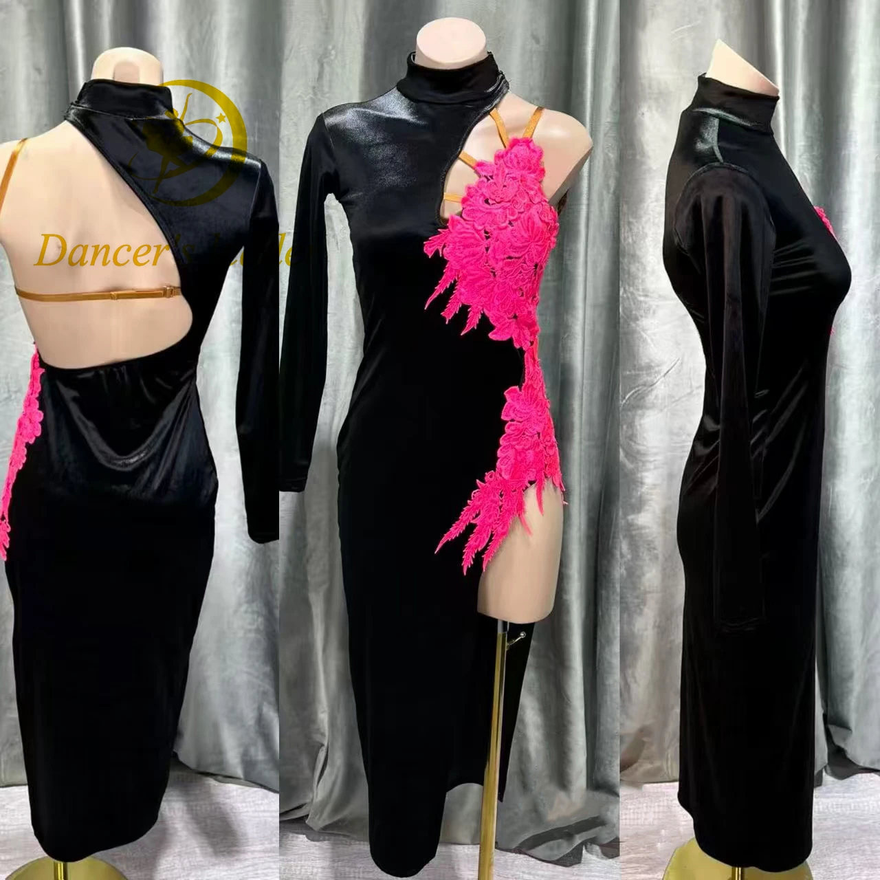 فستان الرقص اللاتيني AB Stone للنساء البالغات والأطفال فستان مخملي مخصص عالي الجودة باللون الأحمر الوردي المطرز فستان أداء السامبا