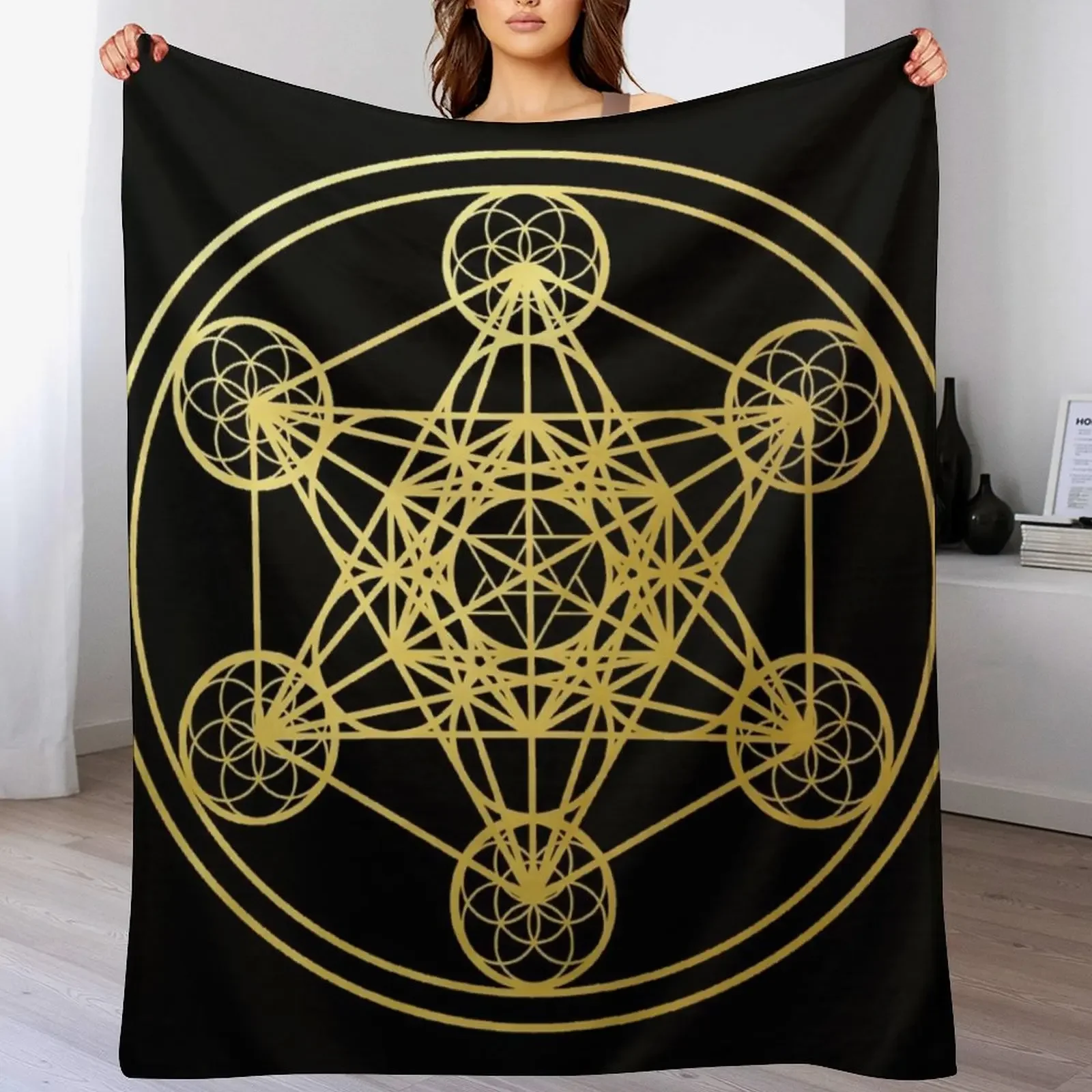 Metatrons Cube gold sacred geometry mandala esoteric symbol Kabbalah Throw Blanket Nap anime Picnic Soft Plush Plaid Blankets