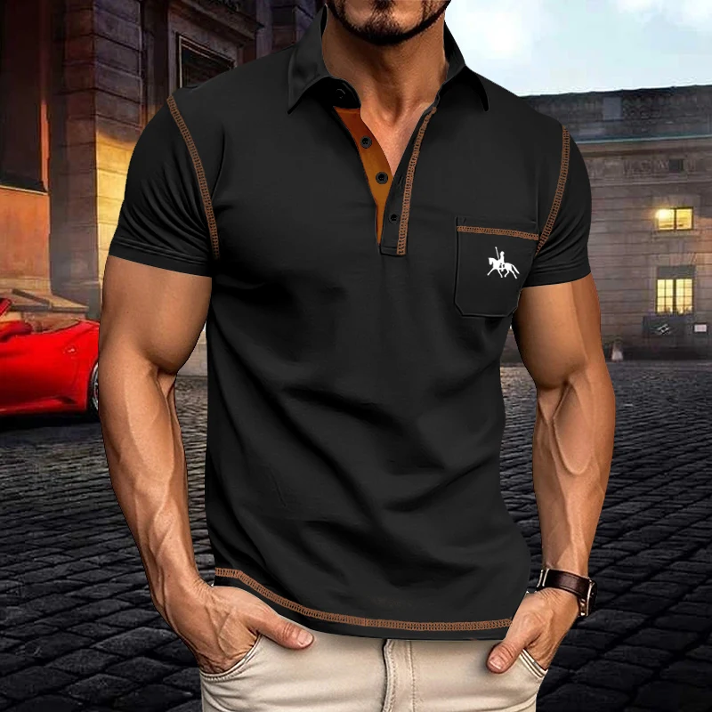 

Летняя мужская рубашка-поло с короткими рукавами, новая маленькая футболка из саржевой ткани с карманами и лацканами, модный повседневный мужской топ в европейском и американском стиле