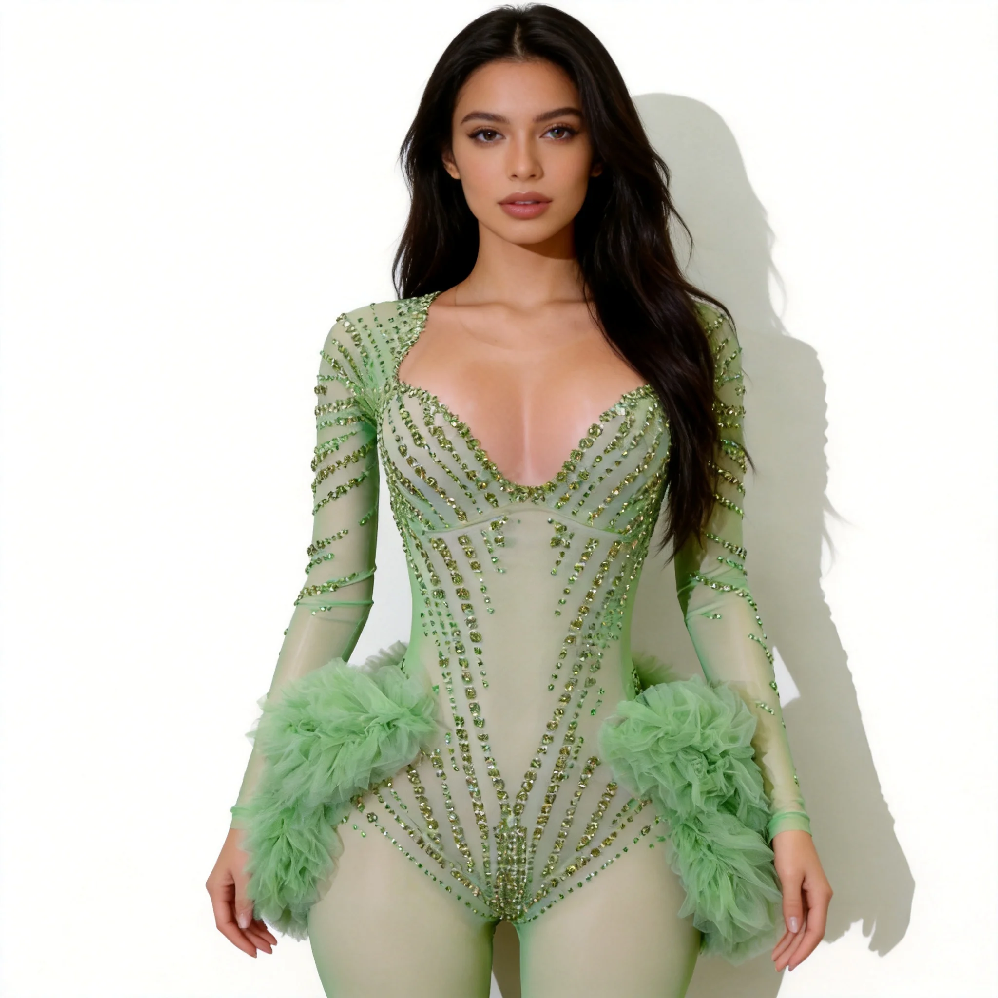 

Luxurious Sparkling Green Rhinestone Jumpsuit Women's Special Occasion Nightclub Performance Drag Queen Stage Performance Outfit