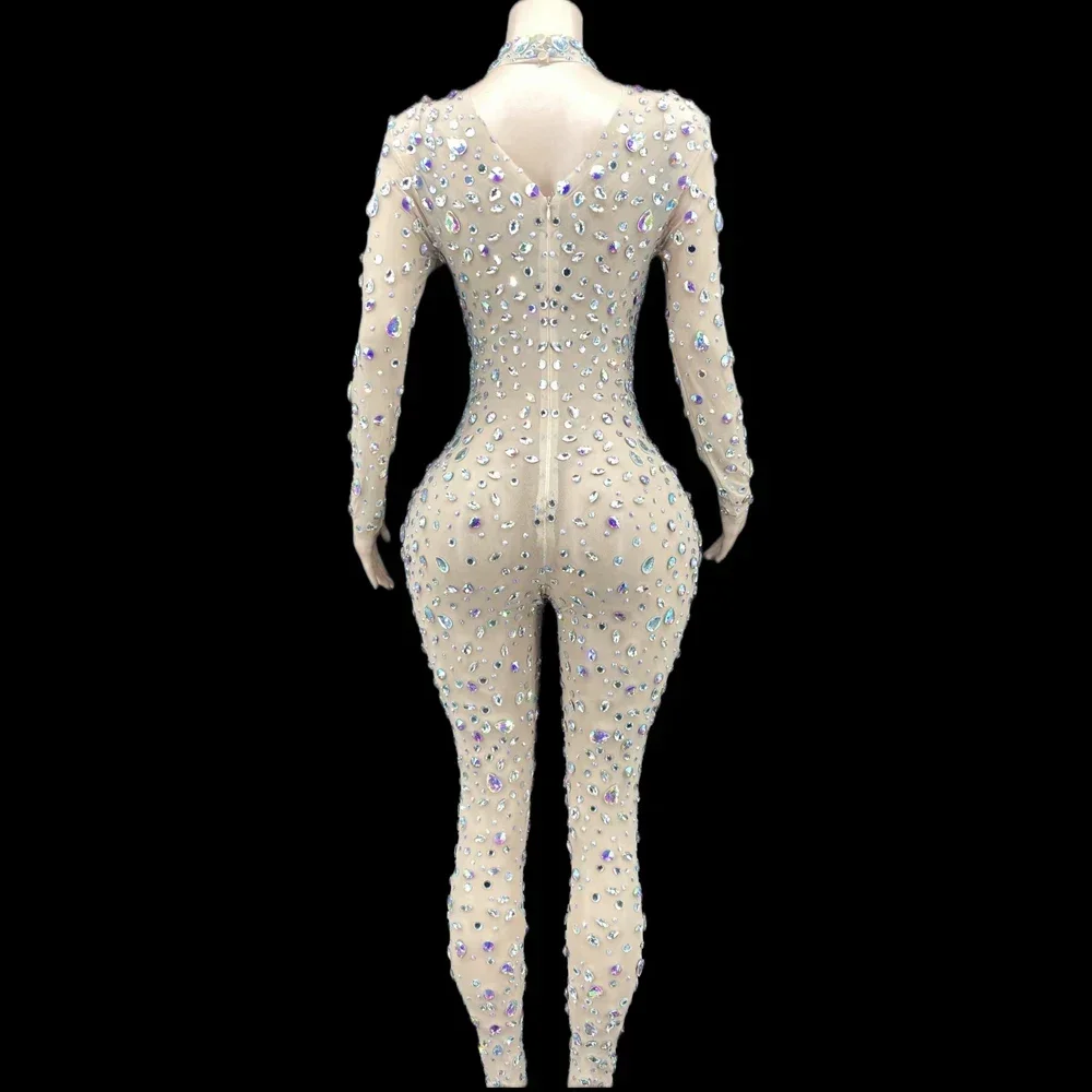 Monos sexis de manga larga con cuello alto y diamantes de imitación de cristal brillantes para mujer, leotardo, Bar, barra, club nocturno, disfraz de escenario
