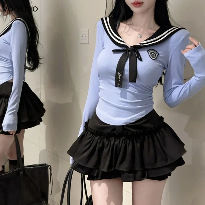 Japanese Sweet 2 Piece Set Women Sailor Collar Long Sleeve Blouse Tops Mini Cake Skirt Suit Korean Preppy Style Outfits Autumn