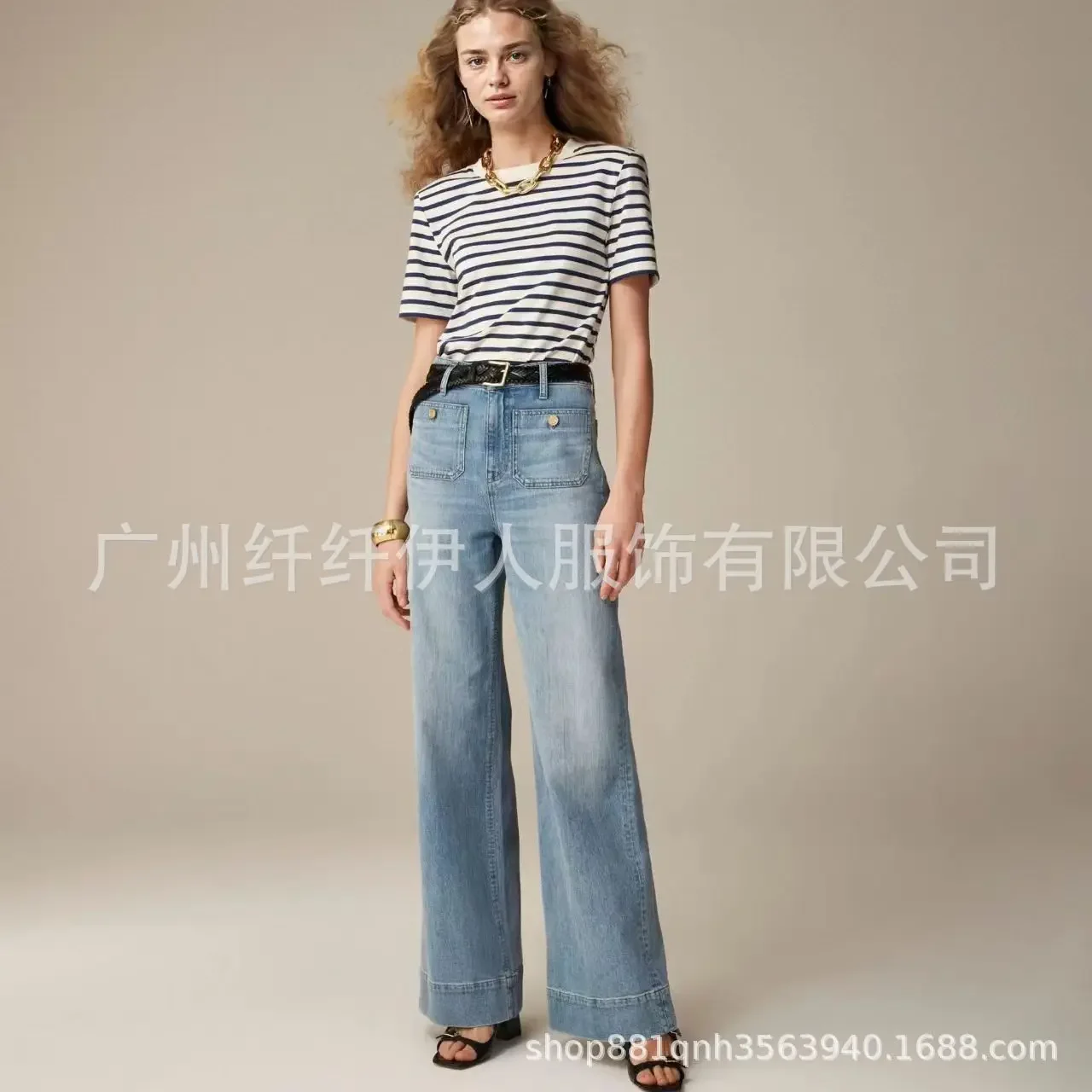 Women's Jeans Denim Pants Clothing New Loose Wide Leg Casual Bleached Button Slightly Flared Jeans Full Length