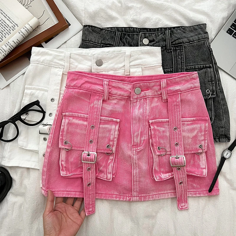 Retro Hot Girl Fashion High Waist Slimming Double Pocket Overalls Skirt Women Anti-Exposure Denim Skirts Hip Mini Skirt Street