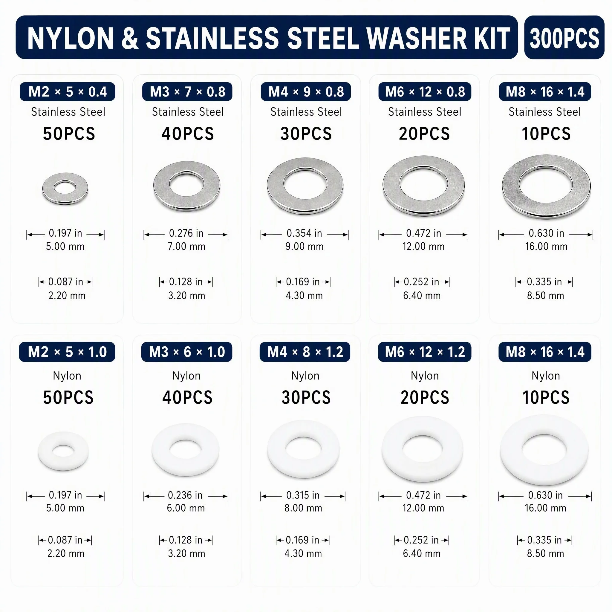 300Pcs Insulating round Gasket Sealing Washer Kit Metal Flat Washers And White Nylon Repair Washers Large Outer Diameter Flat
