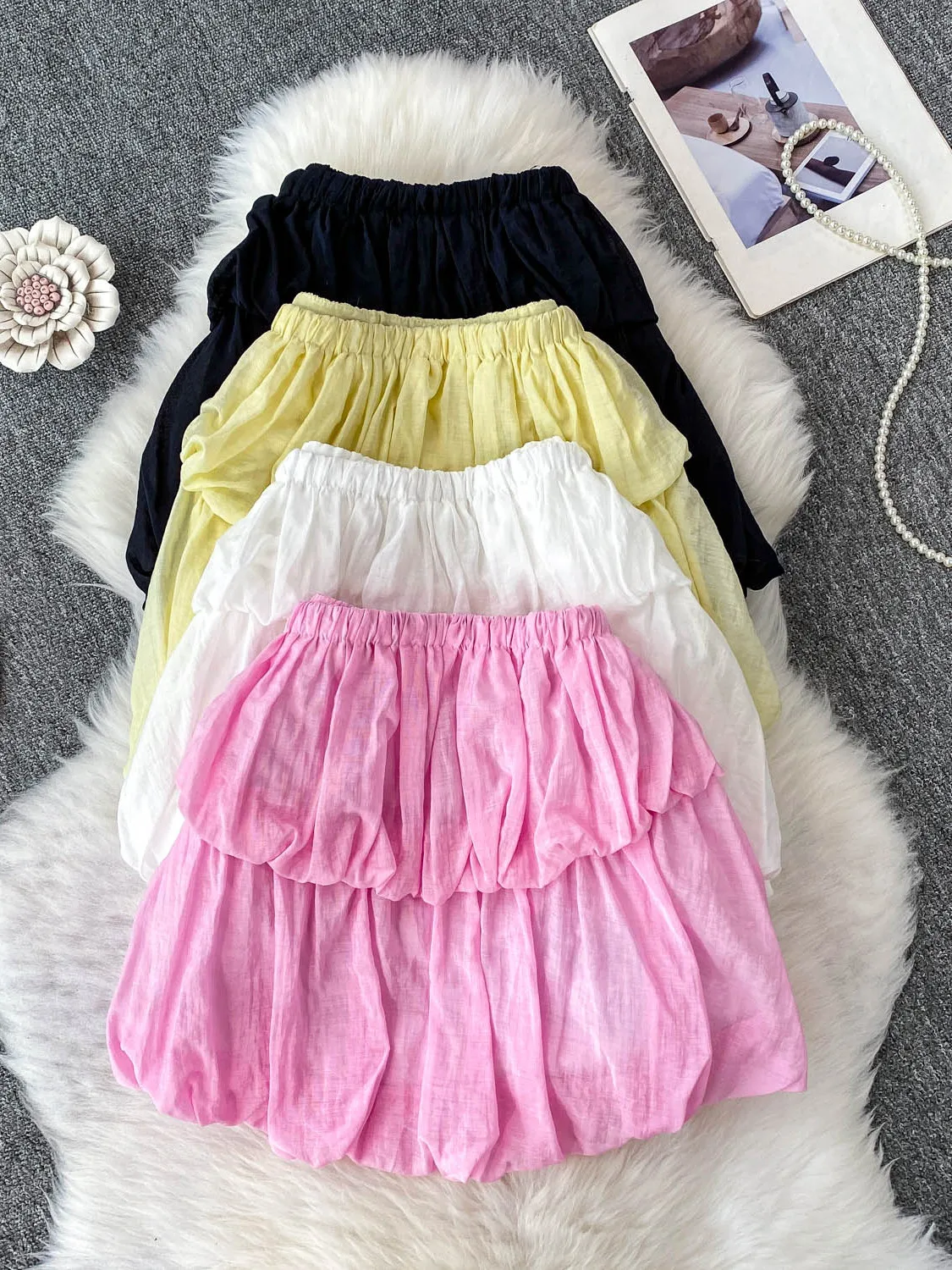 

White Flower Bud ort Skirt Women's Summer New Sexy High Waist Pleated Slimming Puffy Cake f Body Skirt Korean Sle
