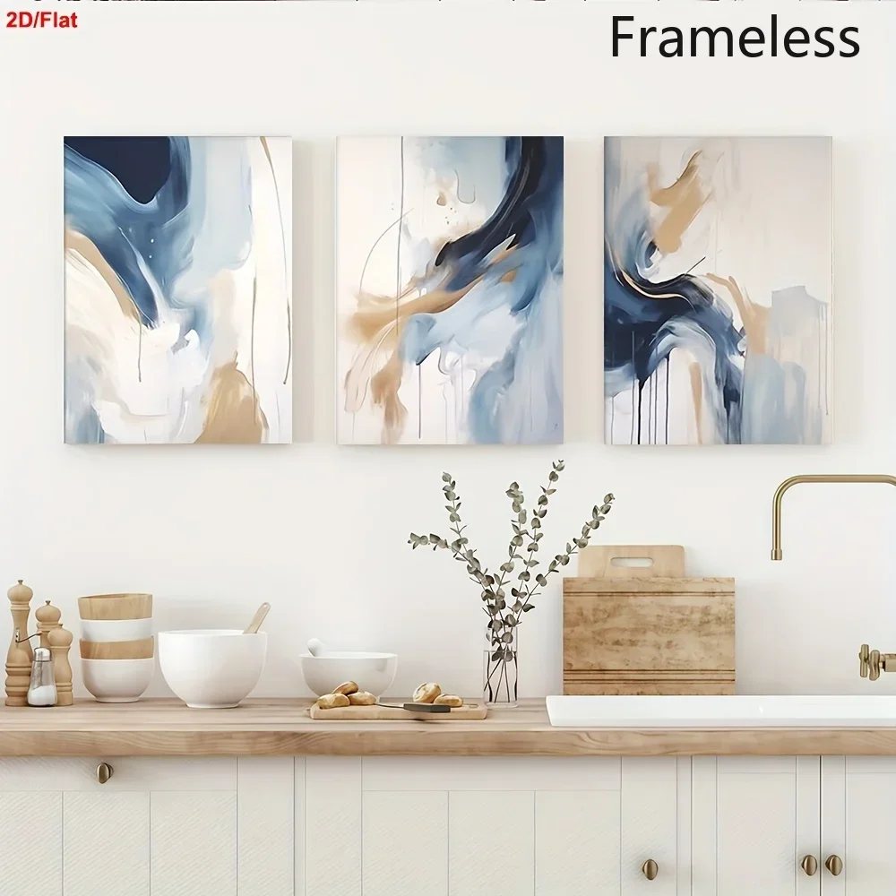 2D Flat, 2D Flat, 3pcs Living Room Decorative Painting, 2D Frameless Canvas Art, Featuring Navy Blue Wall Art. This Set Inclu