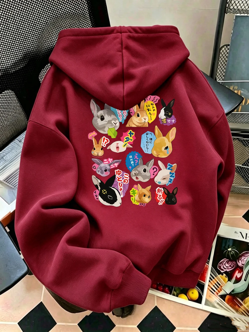 Japanese Rabbit Expression Printed Hoodies Womens Winter Fleece Warm Sweatshirts Basics Loose Pullovers Casual Pocket Woman Tops