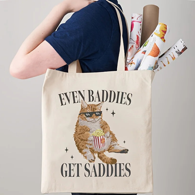 1pc Books Storage Totes Shopping Bags Reusable Cat Graphic Cloth Shoulder Bag