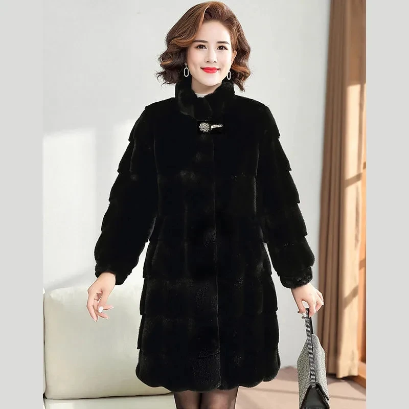 New Faux fur Jacket Women's 2024 Winter Mother Stand collar Thicken Mink velvet Long Fur Overcoat Warm Loose Snow Parkas Coats