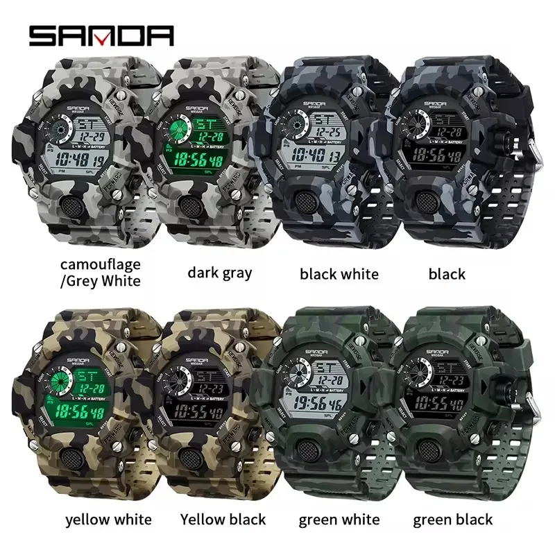 SANDA 2183 Student Electronic Watch Fashion Military Camouflage Waterproof Night Light Outdoor Sports Silicone Strap Men's Watch