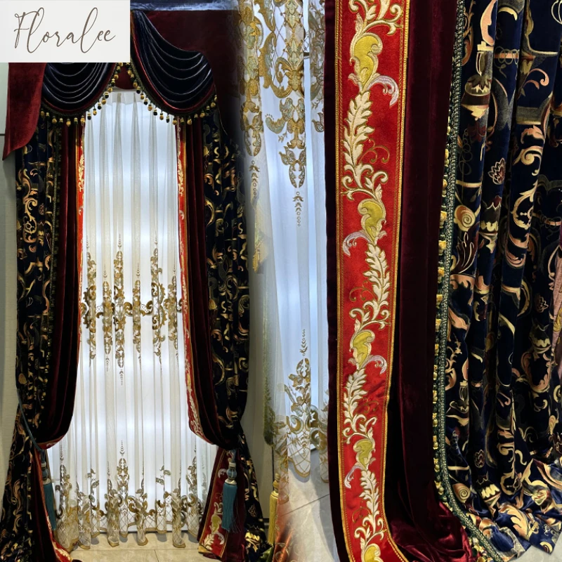 European Luxury Curtains for Living Dining Room Bedroom Villa Red Velvet Window Curtains Jacquard Blackout Tulle Valance Custom