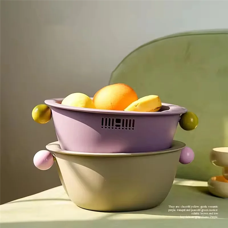 

A68G-Multifunctional Double Layer Vegetable And Fruit Washing Basket, Cute Round Solid Color Design, Thickened For Durability