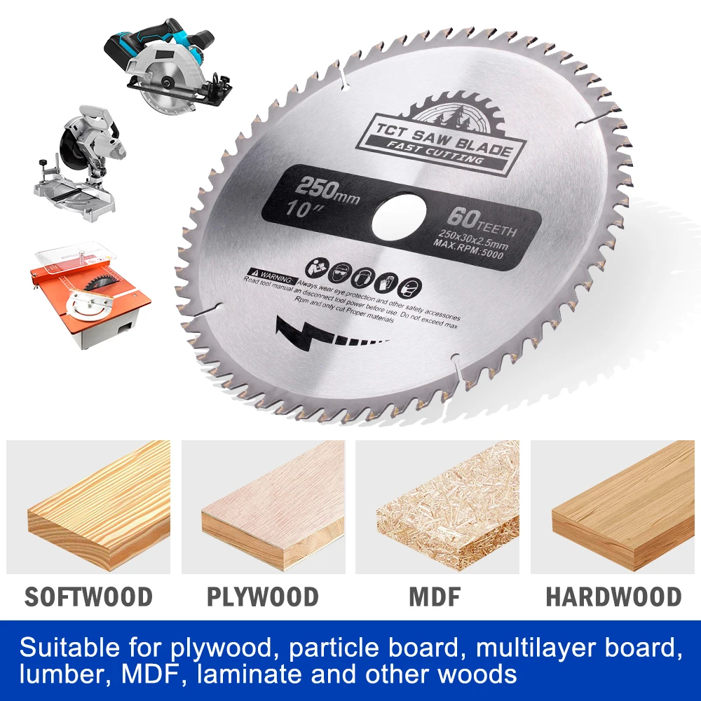 XCAN-hoja de sierra Circular de 10 ", 250mm, hoja de sierra de carburo TCT, disco de corte de madera de 30mm, herramientas de corte 40/48/60/80T