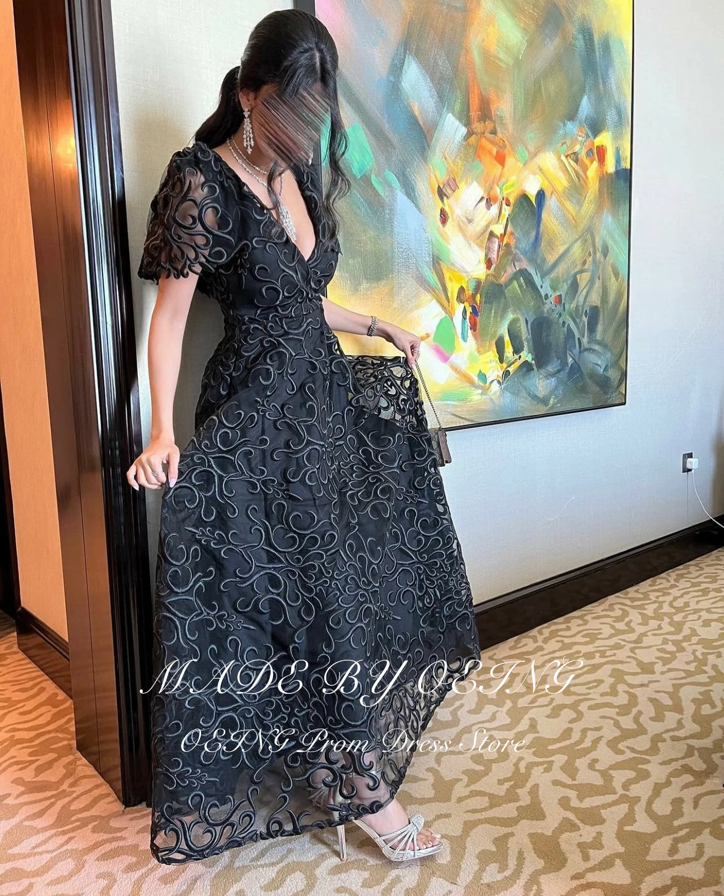 OEING Black Prom Dress Elegant Deep V-Neck Appliques Lace A Line Evening Dresses Formal Occasion Gown Vestidos De Fiesta Gala